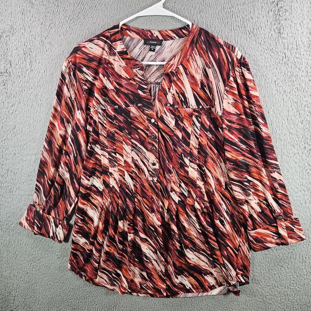 Cocomo Womens XL Henley Top 3/4 Roll Tab Sleeve Abstract Print‎ Rhinestone Red